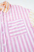 Pink Stripe Contrast Collar Long Sleeve Patchwork Shirt