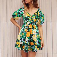 Flower Print V-Neck Lantern-sleeve Summer Dress