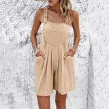 Spring and Summer Casual Solid Color Cotton Overall Shorts
