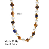 18k Gold Noble Atmosphere Inlaid Pearl Lapis Lazuli Tiger Eye Bead String Design Necklace