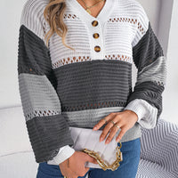 Color Block Striped V-Neck Button Detail Sweater