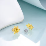 Gold Plated Sterling Silver Sunflower Earrings Studs Two Tone Flower Studs with Crystal - Brier Hills