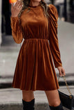 Dahlia Velvet Frilled Neck Gigot Sleeve Swing Dress in Red or Brown