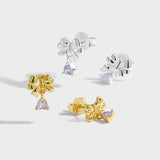 Sweet Bow-Knot with Heart CZ Drops 925 Sterling Silver Stud Earrings