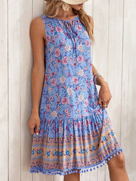 Tie Neck Sleeveless Boho Floral Dress