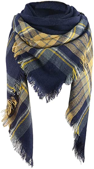 Women's Yellow/Blue Plaid Tassel Scarf