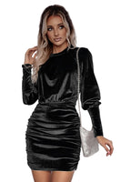 Velvet Puff Sleeve Ruched Bodycon Dress