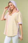 Full Size Striped Short Sleeve Drawstring Hooded Top