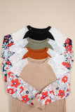 Floral Patchwork Long Sleeve Ribbed Blouse