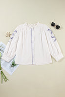 White Floral Embroidered Button Up Boho Blouse