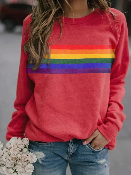 Colorful Striped Printed Round Neck Cotton Pullover Long Sleeved Sweatshirt