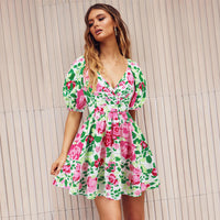 Flower Print V-Neck Lantern-sleeve Summer Dress