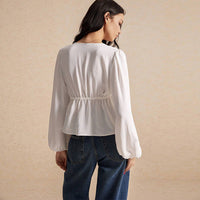 Tie Front Hem Slits Hollow Out Long Sleeve Loose V-Neck Blouse.