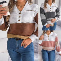 Color Block Striped V-Neck Button Detail Sweater
