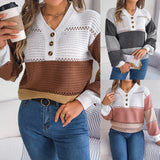 Color Block Striped V-Neck Button Detail Sweater
