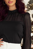 Black Stand Collar Striped Mesh Lantern Sleeve Blouse