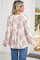 Pink Floral Print Pleated U Neck Loose Fit Blouse