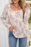 Pink Floral Print Pleated U Neck Loose Fit Blouse