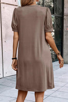 Notched Neck Pleated Puff Sleeve T-shirt Dress