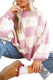 Pink Checked Bishop Sleeve Pullover Sweater