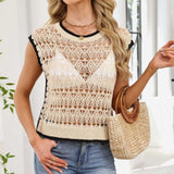 Women's Hollow Knit Vest Contrast Trim Sleeveless Top