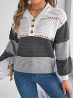Color Block Striped V-Neck Button Detail Sweater