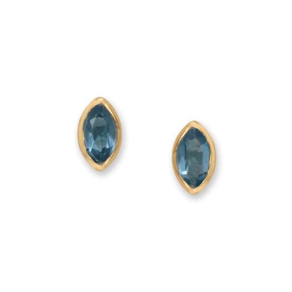 14 Karat Gold Plated Marquise Blue Glass Stud Earrings