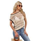 Women's Hollow Knit Vest Contrast Trim Sleeveless Top