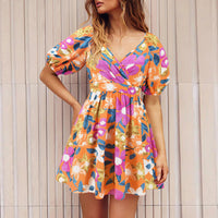 Flower Print V-Neck Lantern-sleeve Summer Dress