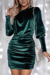 Velvet Puff Sleeve Ruched Bodycon Dress