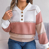 Color Block Striped V-Neck Button Detail Sweater