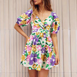 Flower Print V-Neck Lantern-sleeve Summer Dress