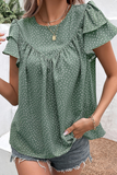 Ruffle Sleeve Crew Neck Ruched Blouse