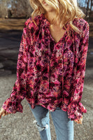 Rose Red Floral Allover Print Drawstring Ruffled V Neck Loose Blouse