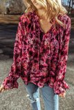 Rose Red Floral Allover Print Drawstring Ruffled V Neck Loose Blouse