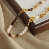 18K Gold Luxury Retro Tiger Eye Stone With Pearl Beading Design Palace Style Necklace