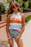 Multicolor Wavy Striped Print Textured Knit Sweater Tank Top