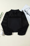 Black Stand Collar Striped Mesh Lantern Sleeve Blouse