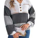 Color Block Striped V-Neck Button Detail Sweater