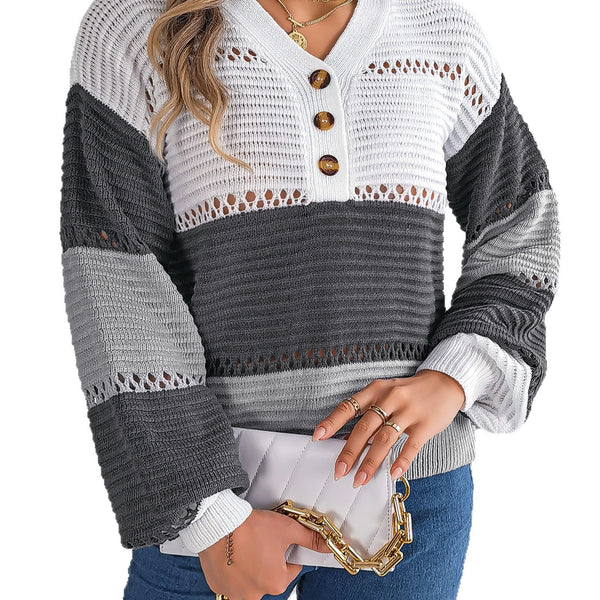 Color Block Striped V-Neck Button Detail Sweater