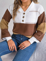 Color Block Striped V-Neck Button Detail Sweater