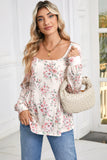 Pink Floral Print Pleated U Neck Loose Fit Blouse