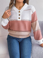 Color Block Striped V-Neck Button Detail Sweater