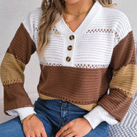 Color Block Striped V-Neck Button Detail Sweater