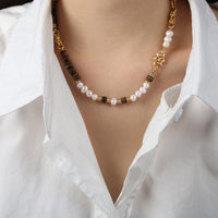 18K Gold Luxury Retro Tiger Eye Stone With Pearl Beading Design Palace Style Necklace