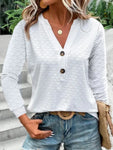 Women's Fashion Casual Solid Color Button V-neck Long Sleeve Top