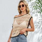 Women's Hollow Knit Vest Contrast Trim Sleeveless Top