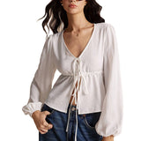 Tie Front Hem Slits Hollow Out Long Sleeve Loose V-Neck Blouse.