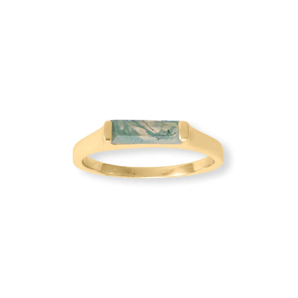 Sterling Silver 14K Gold Plated Moss Agate Bar Ring