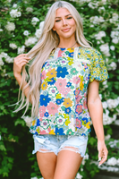 Bubble Sleeve Lace Trim Floral Blouse